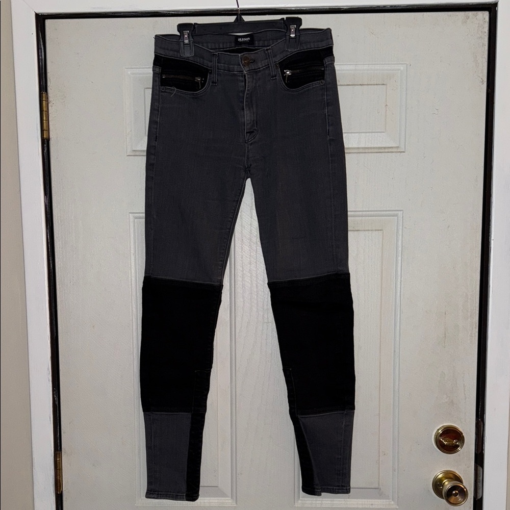Hudson Gray and Black Patchwork Jeans with zipper pockets